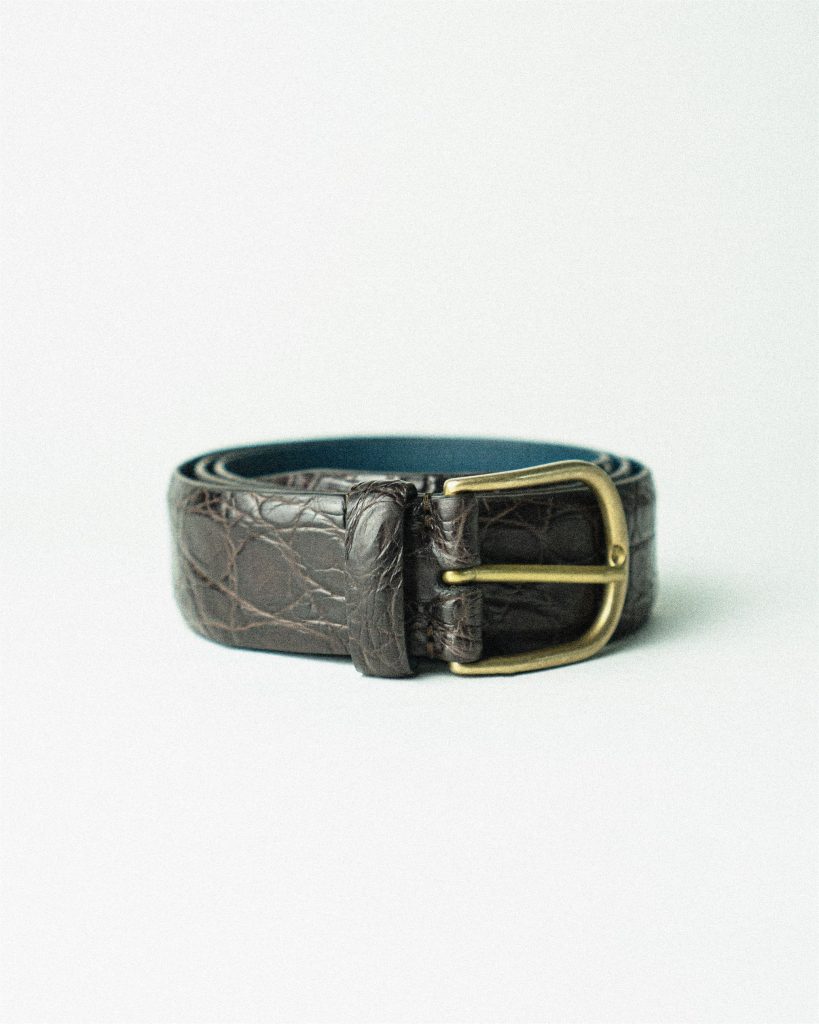 Caiman Leather Belt C0037 | Dark Brown with Blue Green Leather Lining
