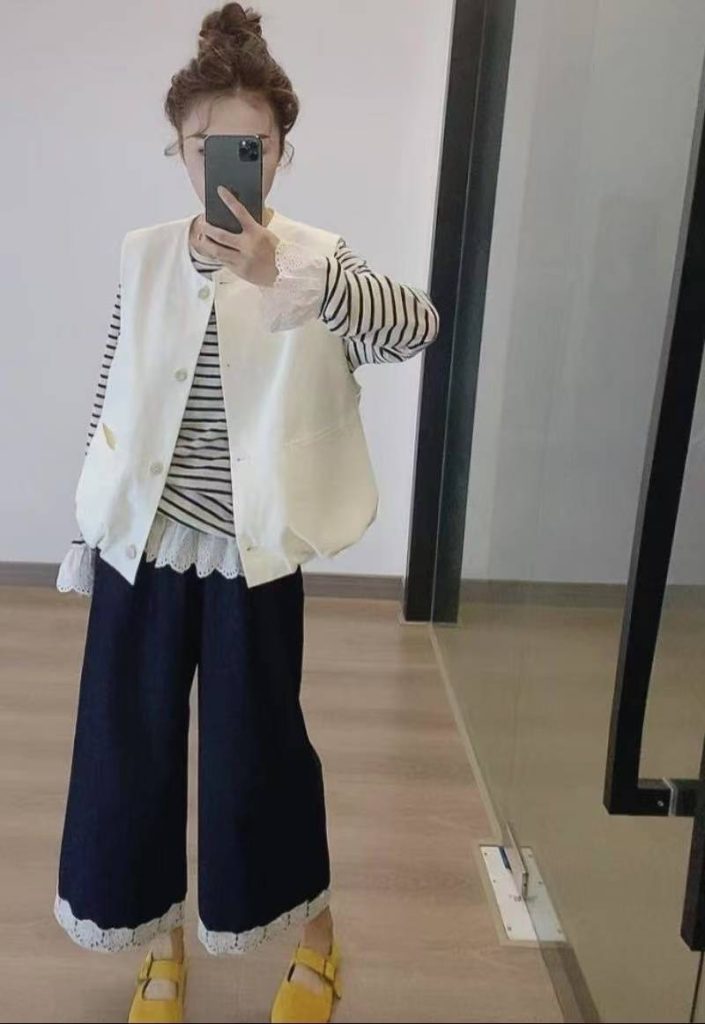 Casual Versatile Vest Layering Lace Spliced Striped Long Sleeve Slimming Lace Trim Pants Three Piece Set