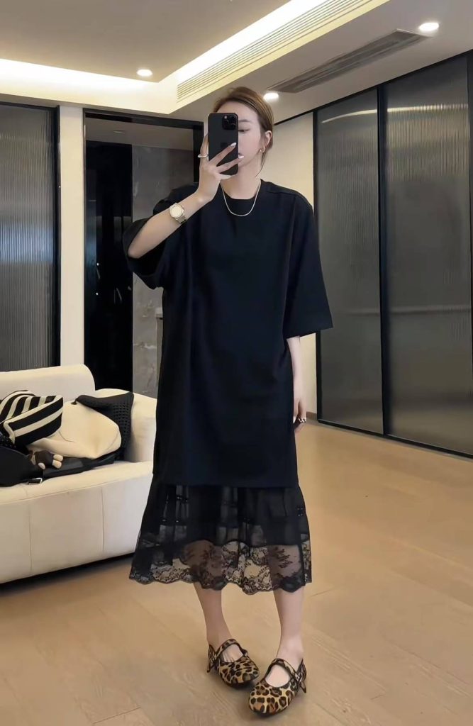 Premium Round Neck Long Sleeve Lace T-Shirt Dress Women 2025 Spring Summer New Design Black Skirt