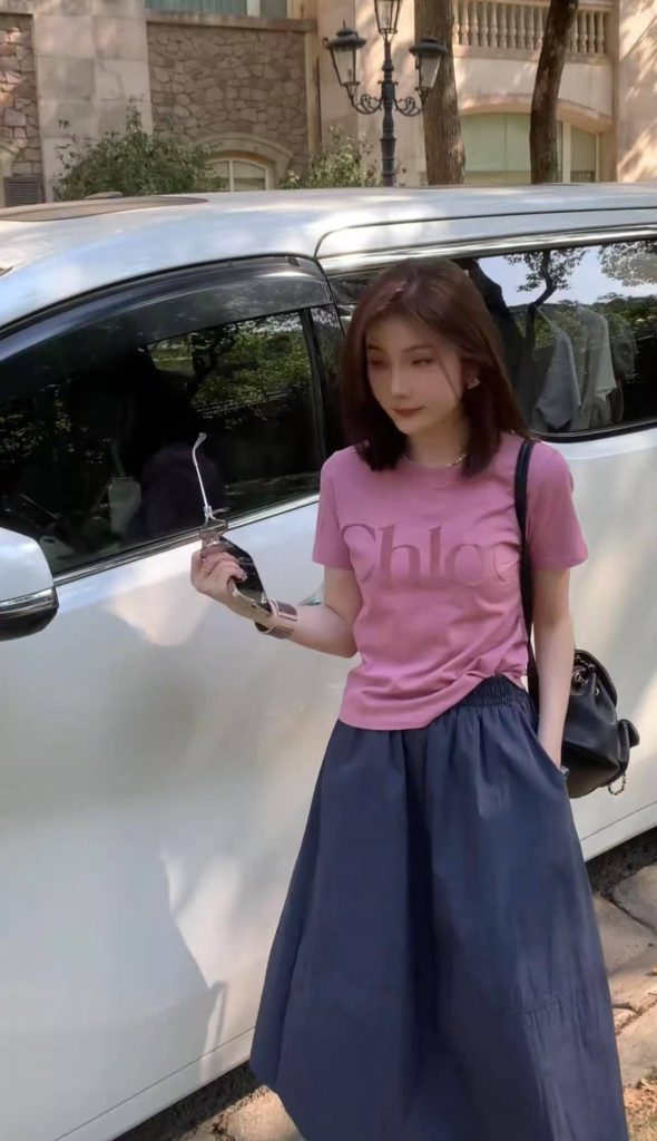 Summer New Versatile Slimming Pink Short Sleeve T-Shirt Top with Elastic High Waist Skirt Two-Piece Set