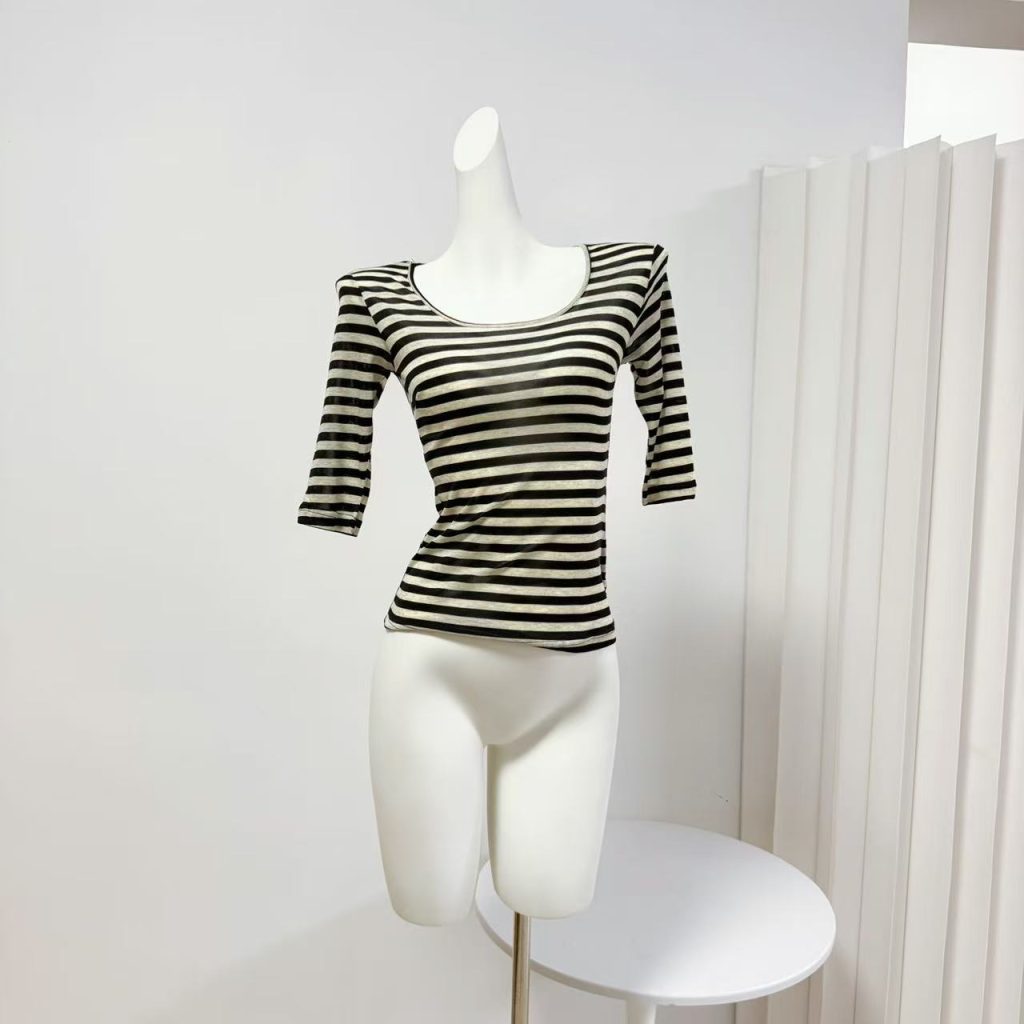CrushOnit American Retro Tencel Striped Half Sleeve Top for Women
