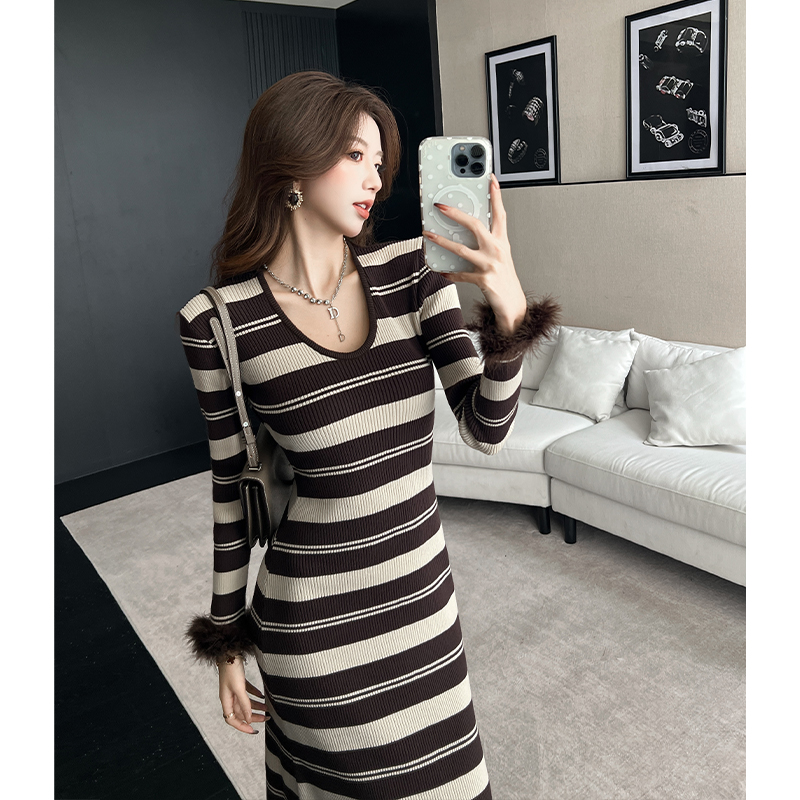 2025 Autumn Winter New Knit Striped Dress Women Lazy Style Base Layer Cuff Fuzzy Sweater Dress Long Dress