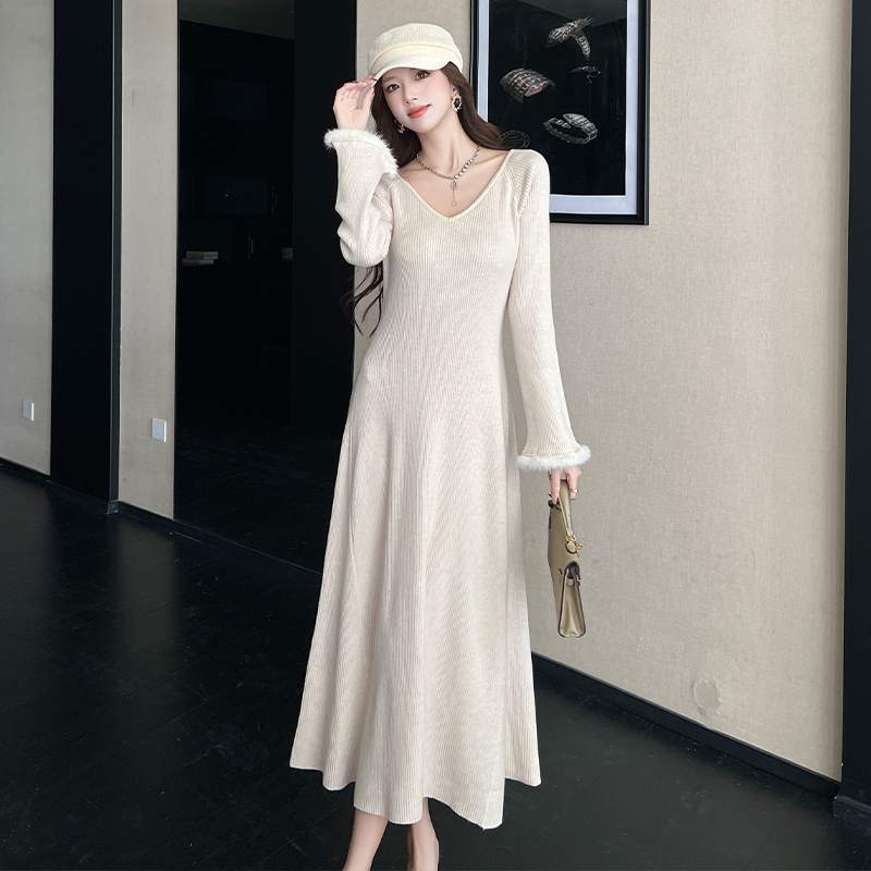 Women's V-Neck Knit Sweater Dress with Fuzzy Sleeves