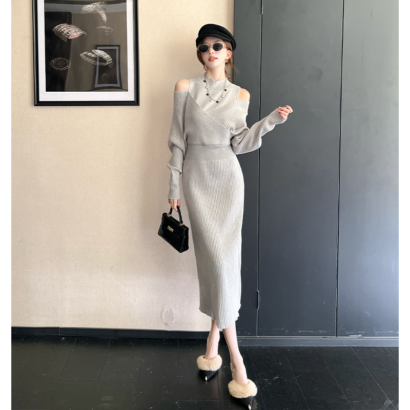 Elegant French Style Grey Two-Piece Look Off-Shoulder High Neck Knit Dress Women Slim Fit Relaxed Long Dress