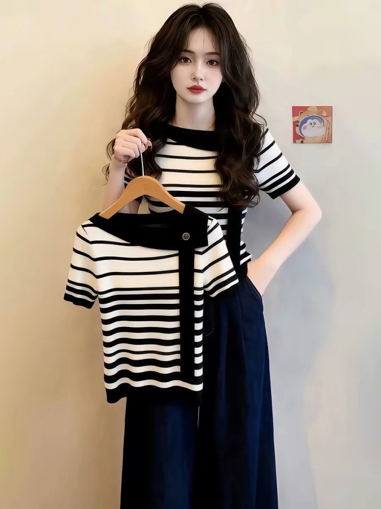 French Style Black Striped Ribbon Short Sleeve T-Shirt for Women 2026 Summer