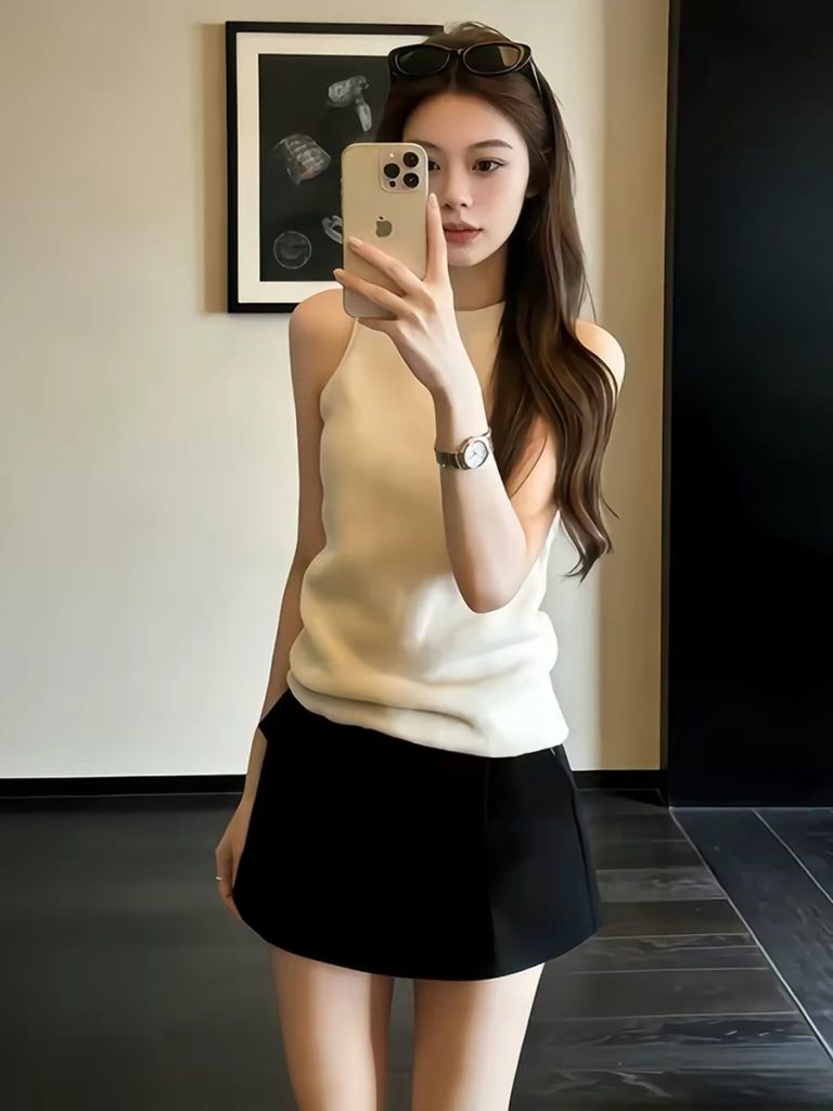 Summer OOTD French Style Sleeveless Knit Top and A-Line Skirt Set