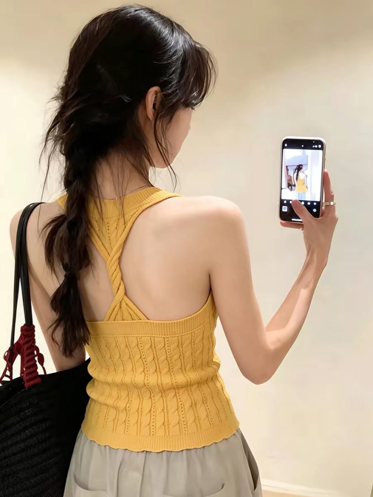 Ginger Yellow Cross Back Open Back Cable Knit Cami Top for Women 2026 Summer
