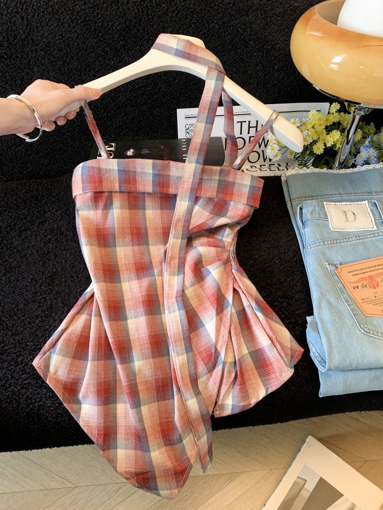 Sexy Color Block Plaid Ribbon Cami Top Women Summer Strapless Slim Fit Sleeveless Off Shoulder Shirt