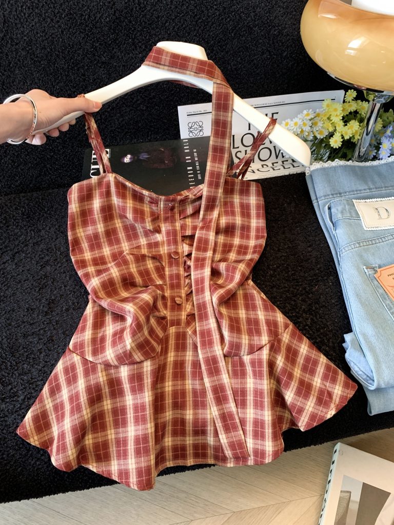 Sexy Color Block Plaid Ribbon Cami Top Women Summer Strapless Slimming Sleeveless Off Shoulder