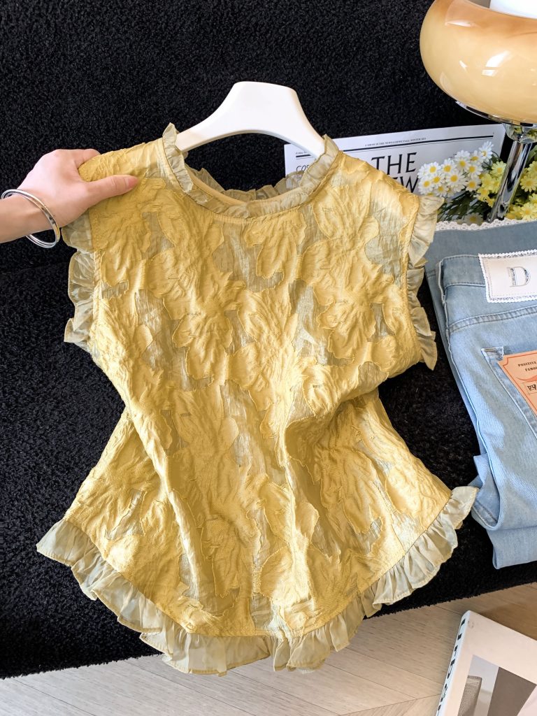 Women Summer Sleeveless Ruffle Stand Collar Jacquard Shirt Top
