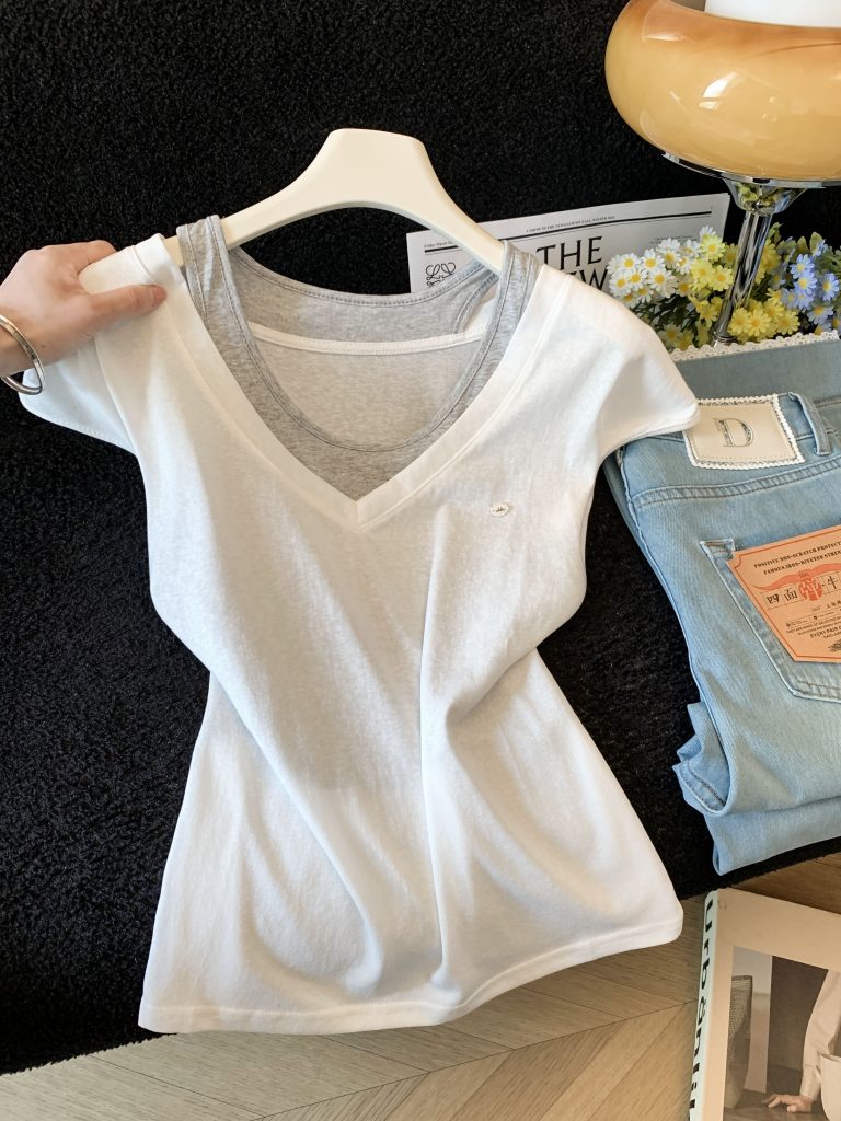 Women's Summer Short Sleeve V-Neck Knit Top with Layered Look