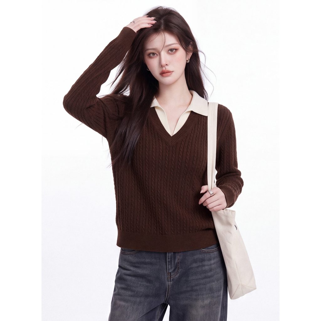 Women's Retro Color-Block Faux-Layer Cable Knit V-Neck Sweater Fall Pullover