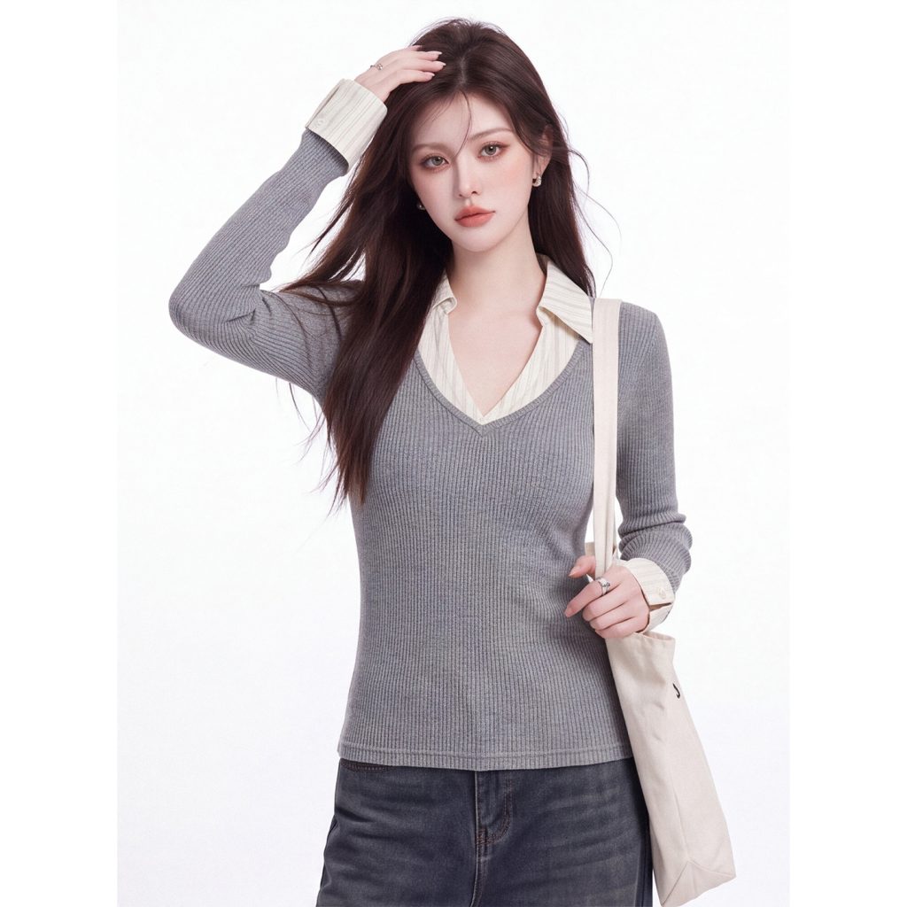 Korean Color Block Faux Two Piece Long Sleeve Knit Top Women 2026 Fall Slimming Waist Shaping Base Layer