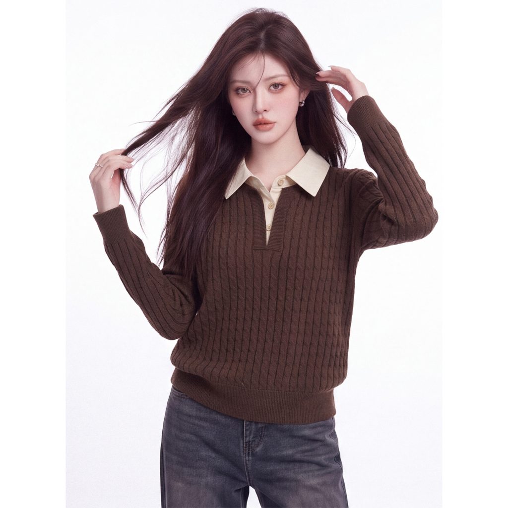 Preppy Color Block Shirt Collar Knit Sweater Women Fall New Cable Pattern Fake Two Piece Turn Down Collar Commuter Sweater