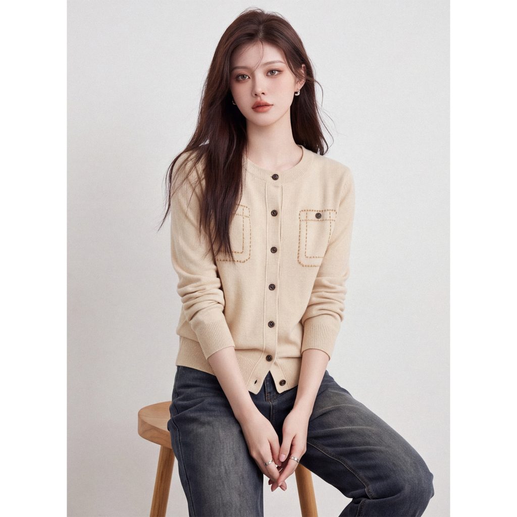 Korean Style Round Neck Cardigan Sweater for Women Early Autumn New Refined Stitch Pocket Single-Breasted Knit Top